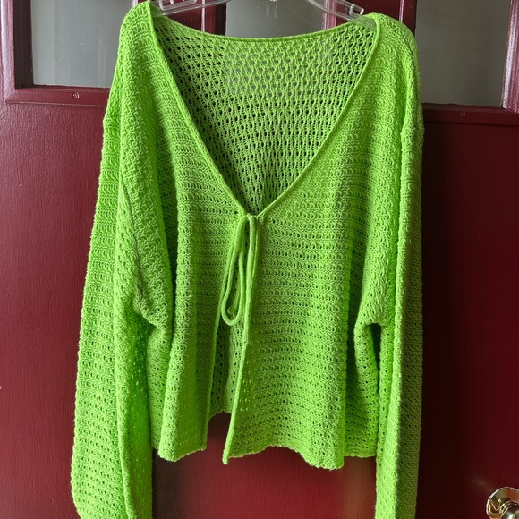 SHEIN Sweaters - SHEIN Neon Green Open-Knit Tie-Front Sweater Cardigan